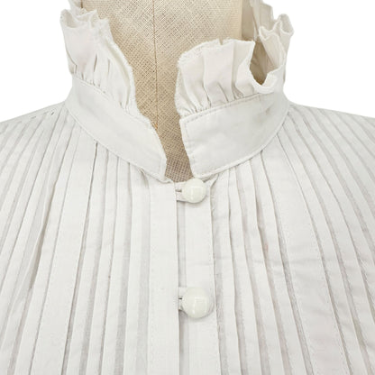 Victorian White Ruffled Peplum Blouse Cotton High Neck LS Size L -Fits Like M