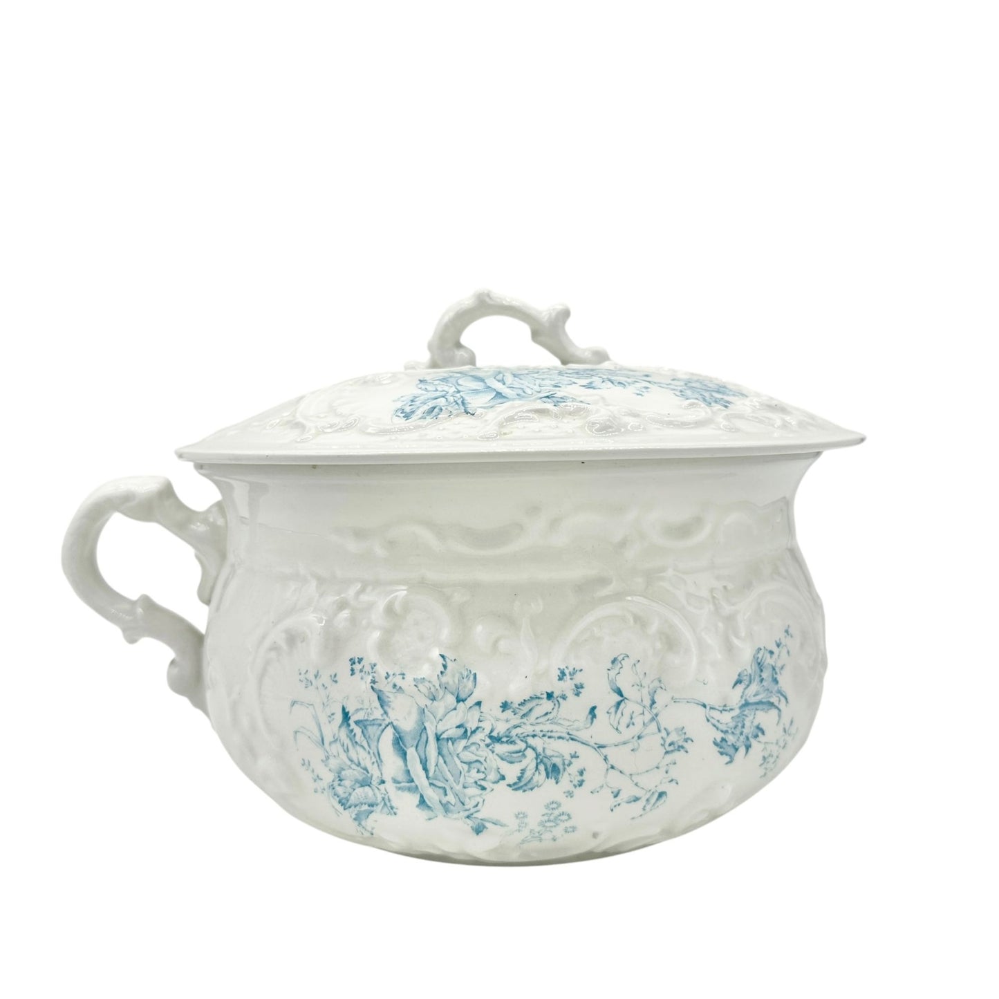 WH Grindley Semi Porcelain Chamber Pot With Lid White Blue Floral Victorian Era