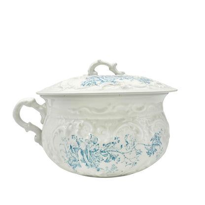 WH Grindley Semi Porcelain Chamber Pot With Lid White Blue Floral Victorian Era