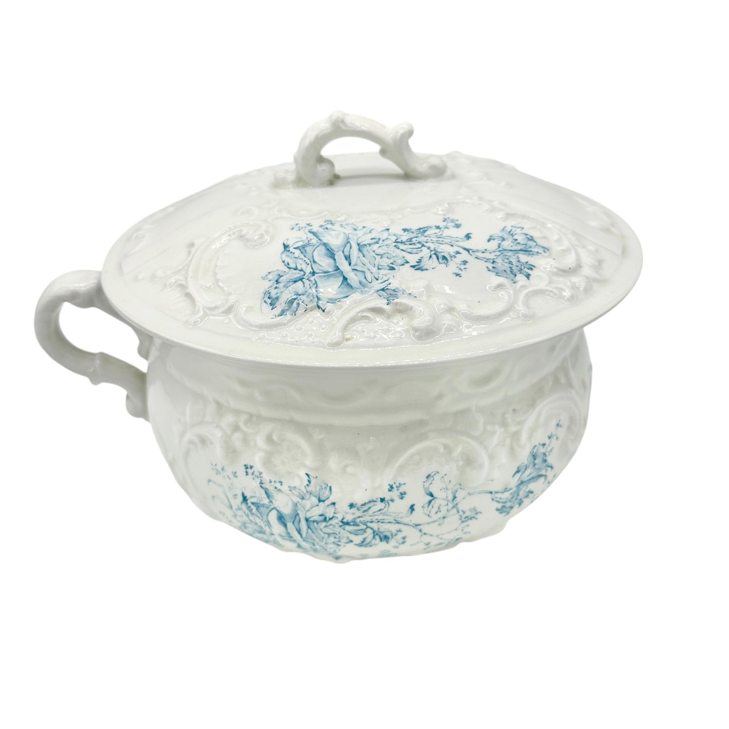 WH Grindley Semi Porcelain Chamber Pot With Lid White Blue Floral Victorian Era