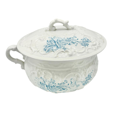WH Grindley Semi Porcelain Chamber Pot With Lid White Blue Floral Victorian Era