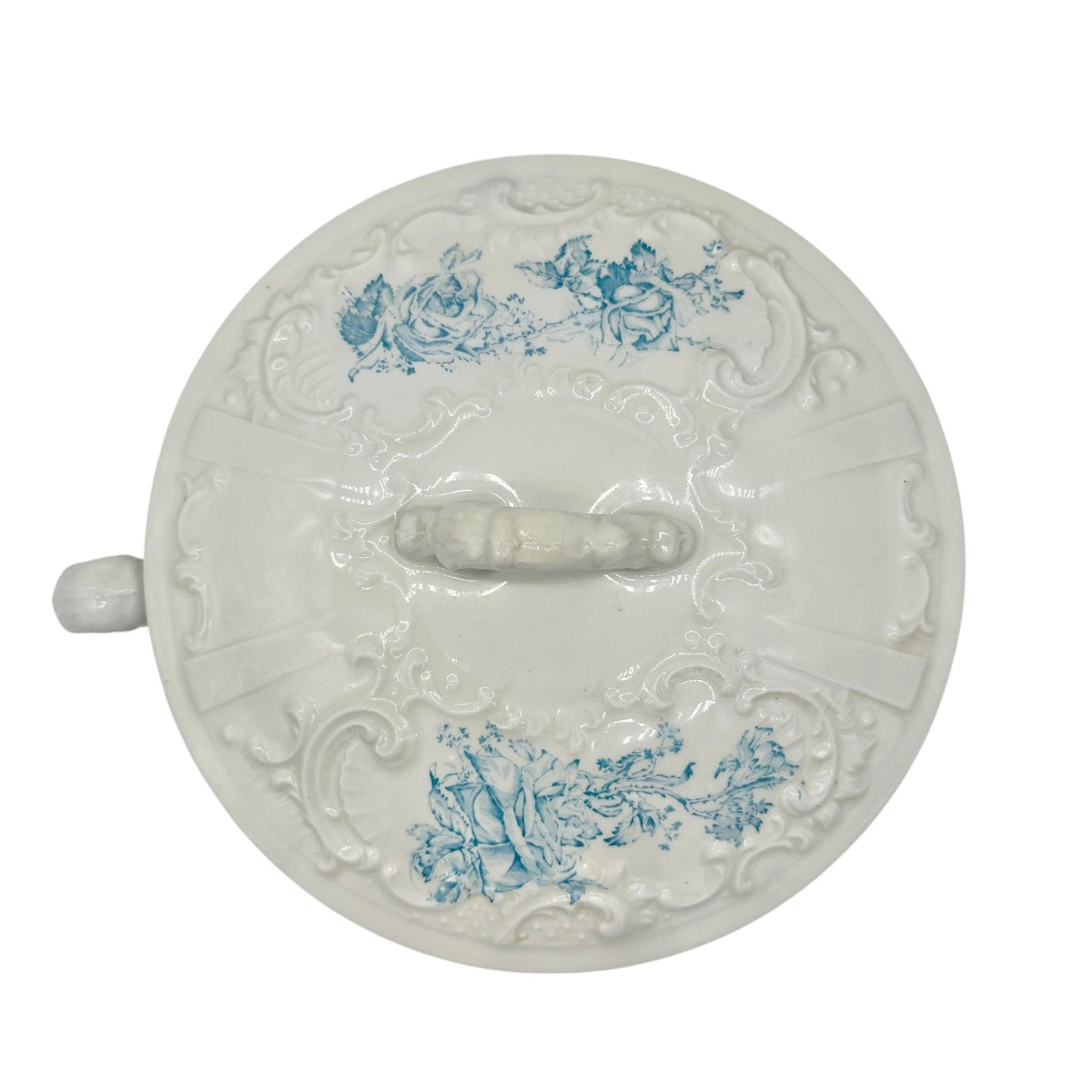 WH Grindley Semi Porcelain Chamber Pot With Lid White Blue Floral Victorian Era