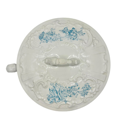 WH Grindley Semi Porcelain Chamber Pot With Lid White Blue Floral Victorian Era