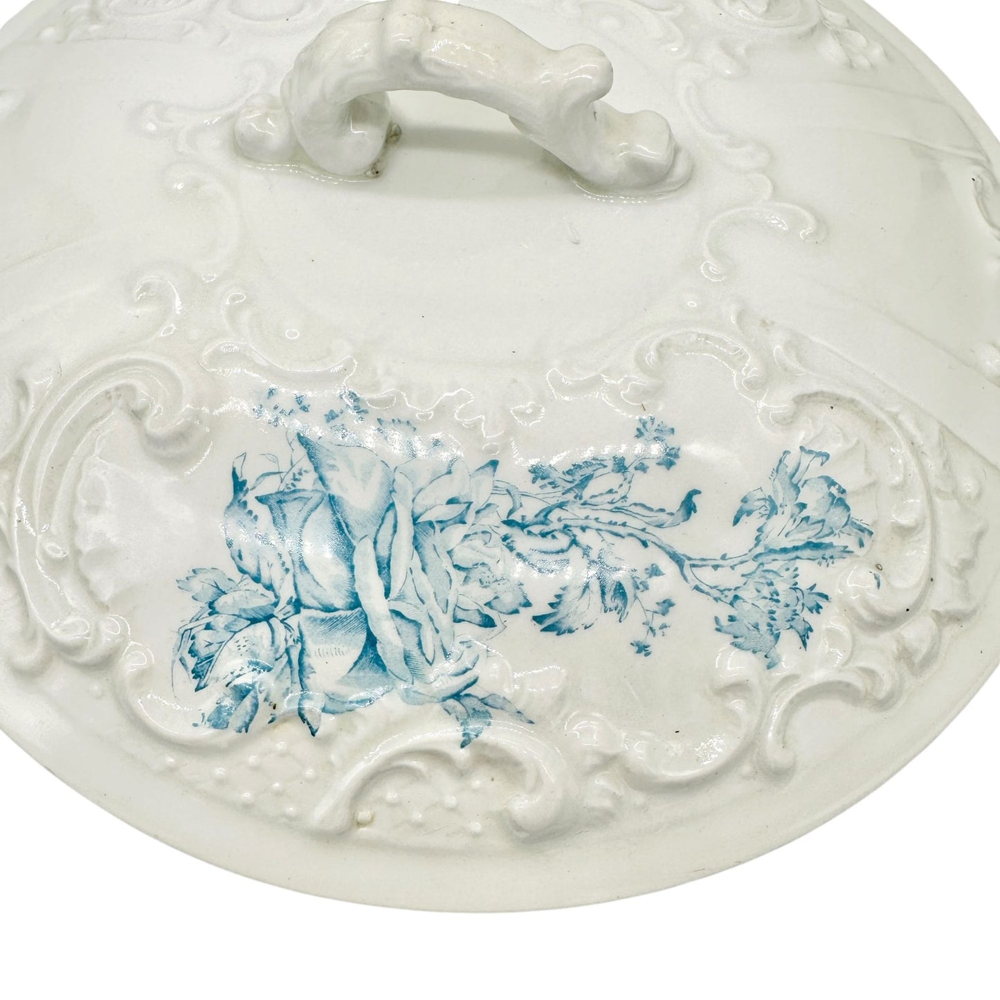 WH Grindley Semi Porcelain Chamber Pot With Lid White Blue Floral Victorian Era