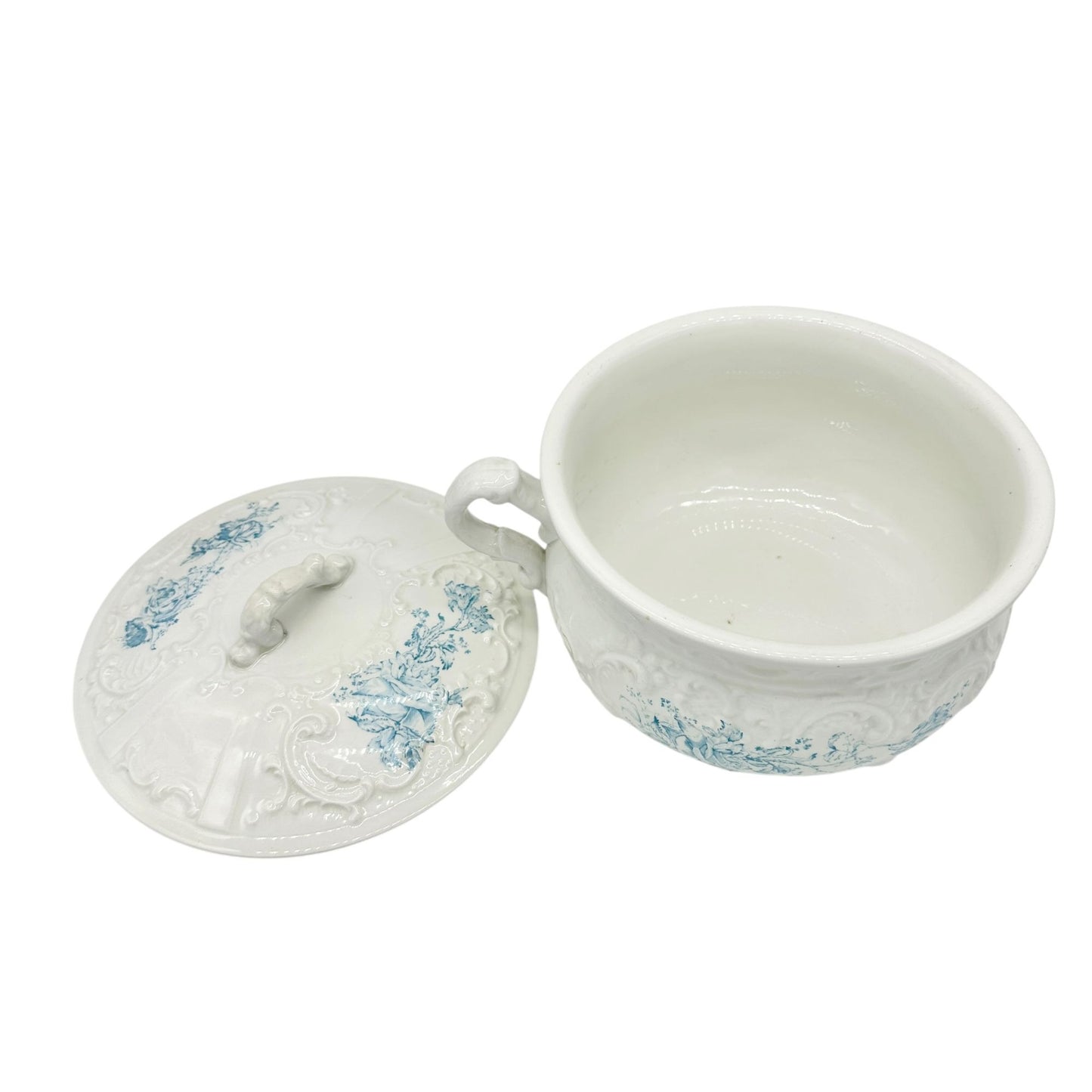 WH Grindley Semi Porcelain Chamber Pot With Lid White Blue Floral Victorian Era