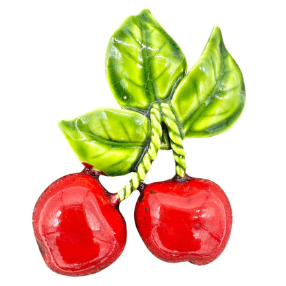 Vintage Vibrant Enamel Cherry Brooch Pin With Green Leaves Retro Fruit Jewelry
