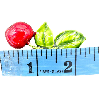 Vintage Vibrant Enamel Cherry Brooch Pin With Green Leaves Retro Fruit Jewelry