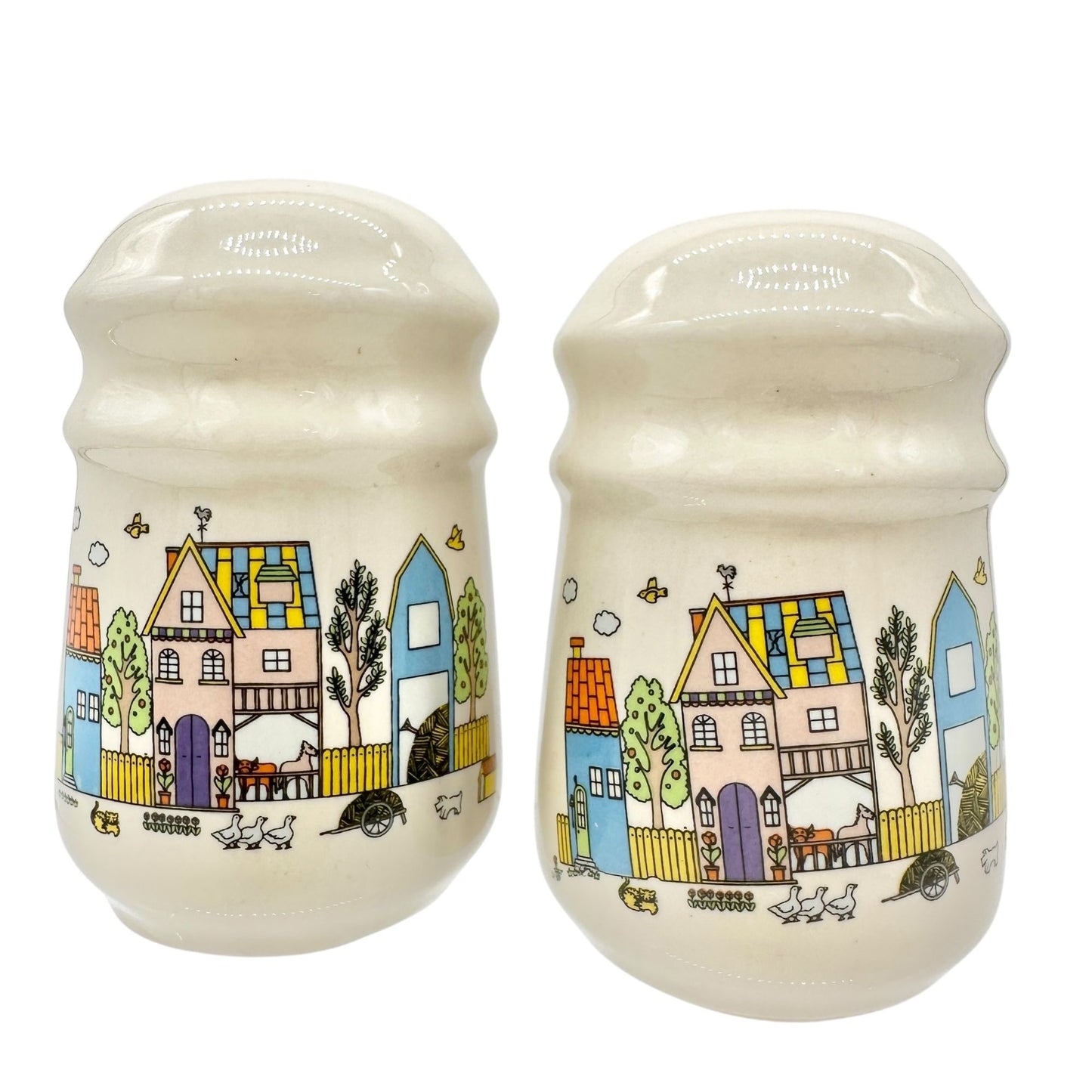Vintage Ceramic Salt and Pepper Shakers Painted Cottage Village Design