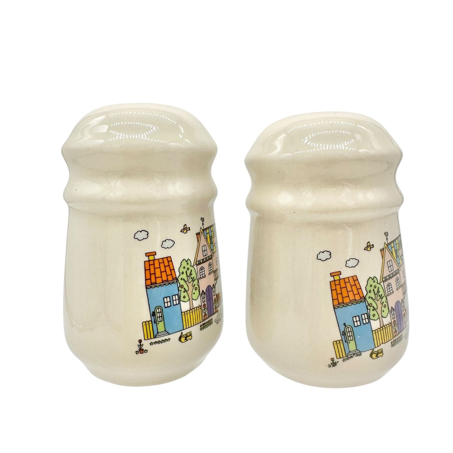 Vintage Ceramic Salt and Pepper Shakers Painted Cottage Village Design