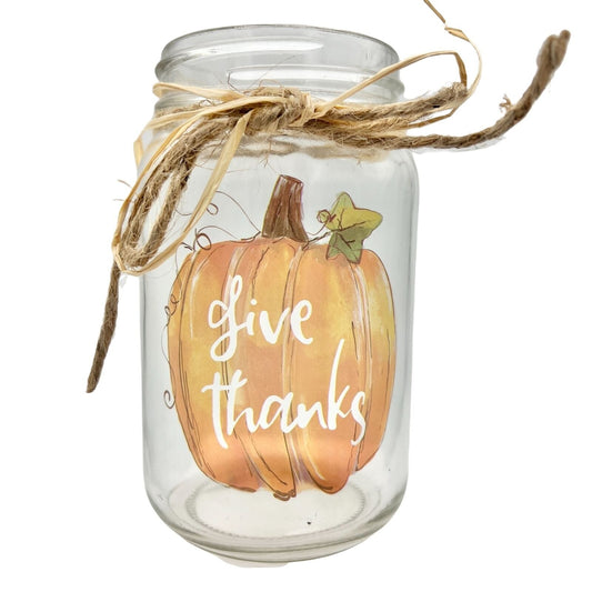 Give Thanks Pumpkin Glass Jar Vase Raffia Bow Thanksgiving Table Decor 5.5" Tall