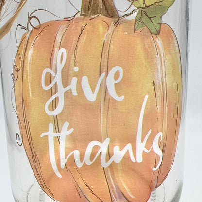Give Thanks Pumpkin Glass Jar Vase Raffia Bow Thanksgiving Table Decor 5.5" Tall