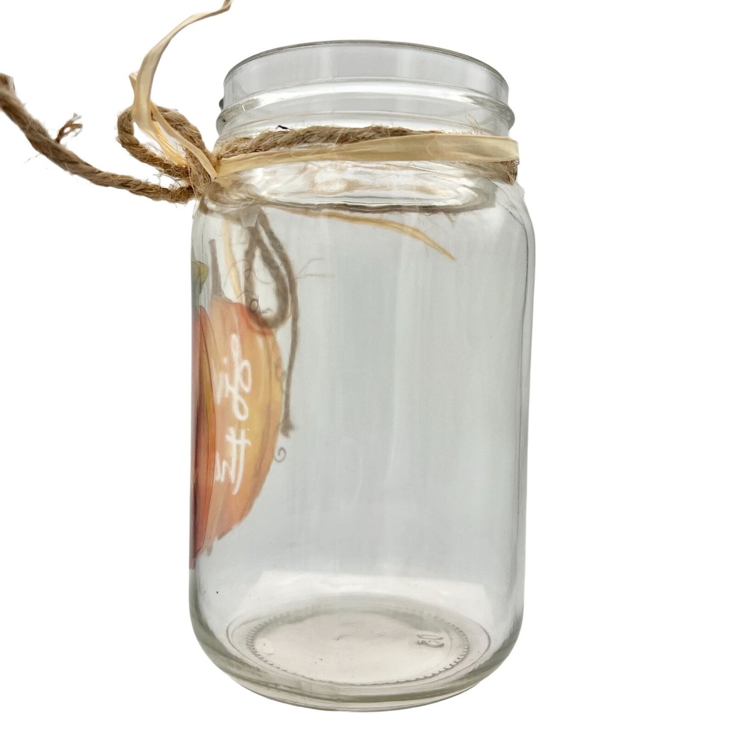 Give Thanks Pumpkin Glass Jar Vase Raffia Bow Thanksgiving Table Decor 5.5" Tall