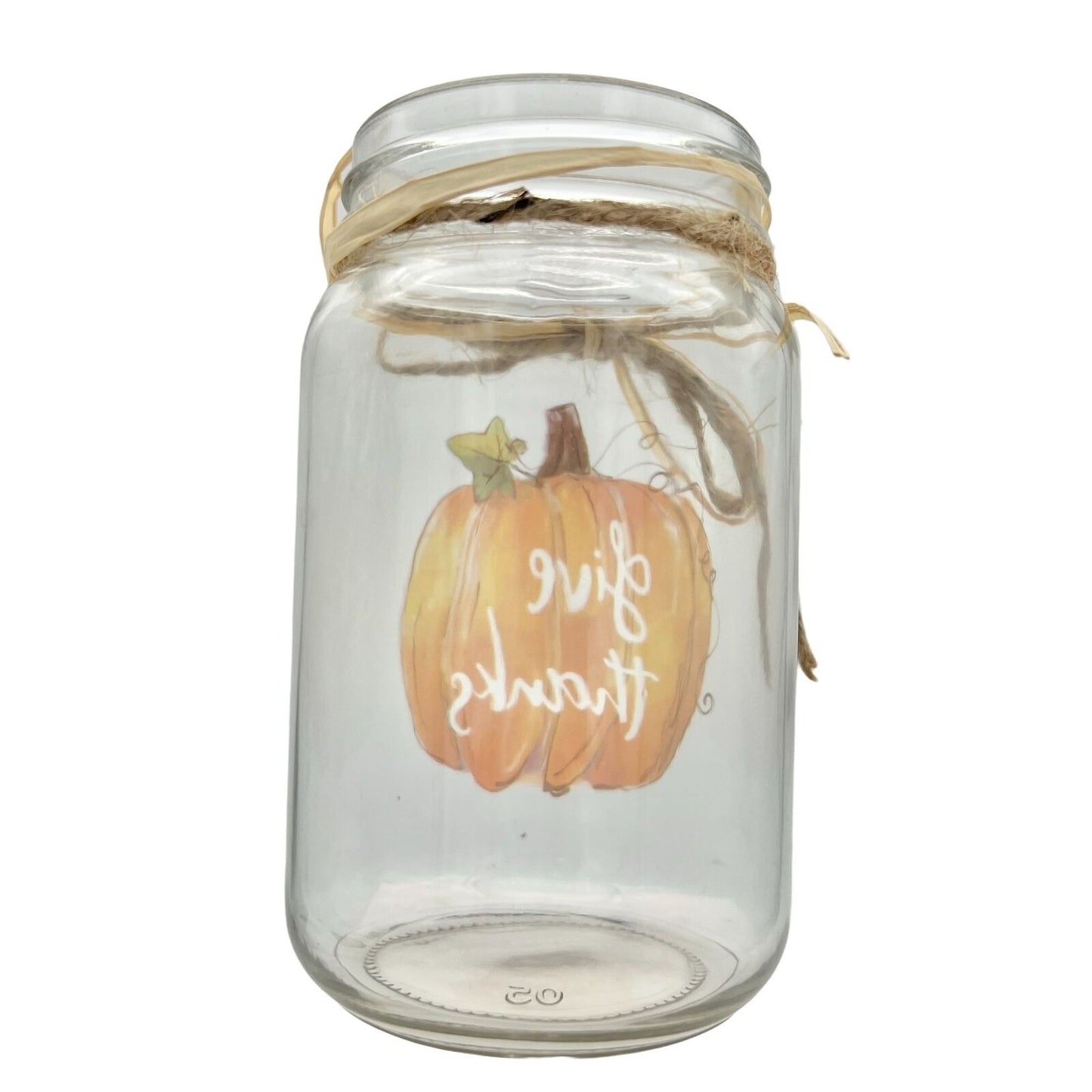 Give Thanks Pumpkin Glass Jar Vase Raffia Bow Thanksgiving Table Decor 5.5" Tall