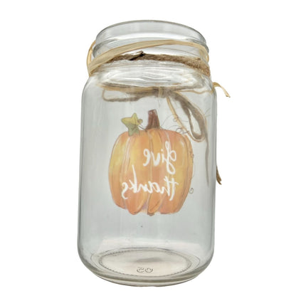 Give Thanks Pumpkin Glass Jar Vase Raffia Bow Thanksgiving Table Decor 5.5" Tall