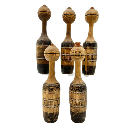 Set Of 5 Hand Carved Wooden Vintage Juggling Pins 7" Decorative Rustic Accents