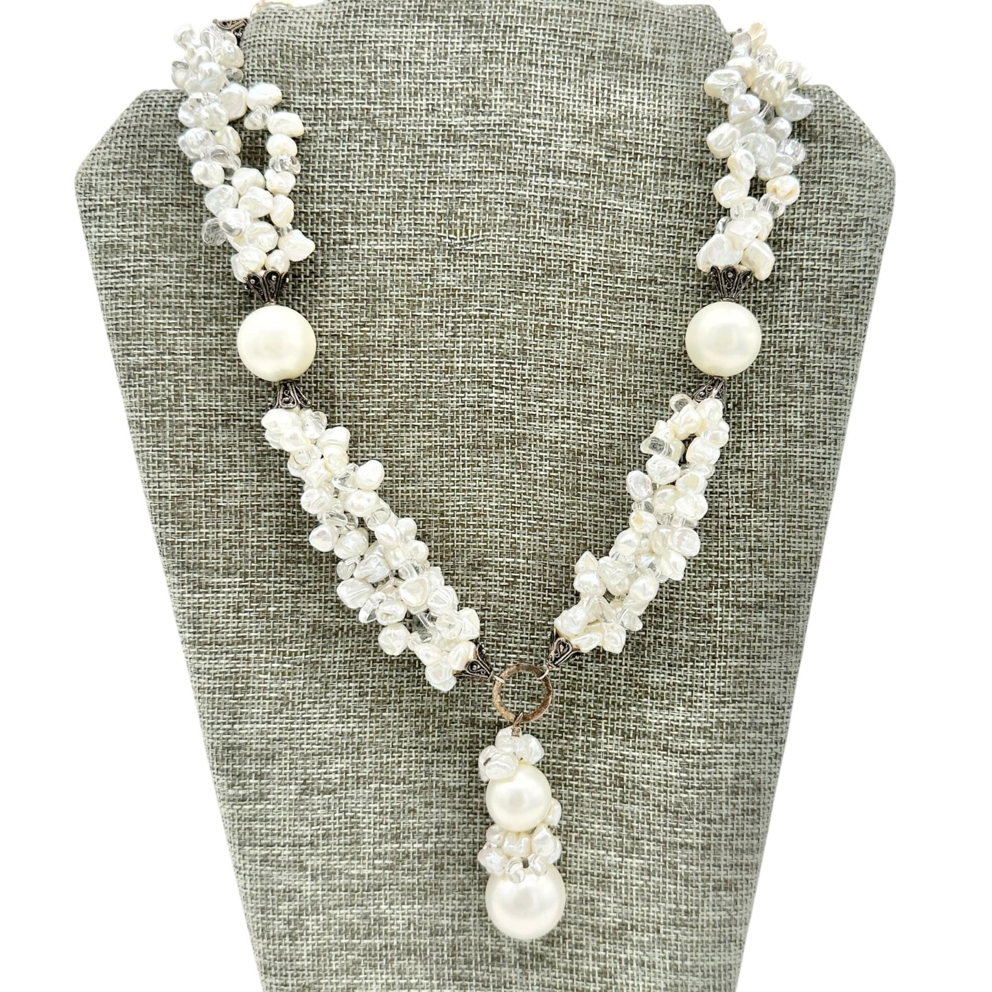 Vintage Faux Pearl Beaded Necklace Adjustable Toggle Closure Ornate Slvr Accents