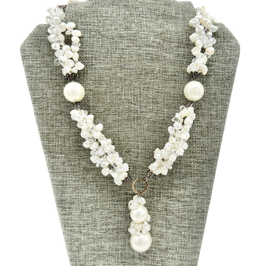 Vintage Faux Pearl Beaded Necklace Adjustable Toggle Closure Ornate Slvr Accents