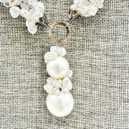 Vintage Faux Pearl Beaded Necklace Adjustable Toggle Closure Ornate Slvr Accents