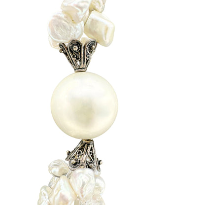 Vintage Faux Pearl Beaded Necklace Adjustable Toggle Closure Ornate Slvr Accents