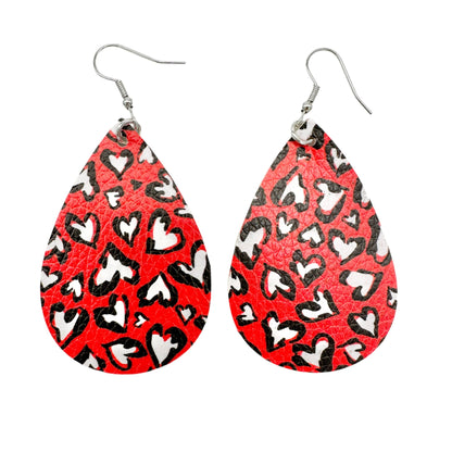 Red Heart Print Faux Leather Teardrop Earrings 3" Lightweight Valentines Day NEW