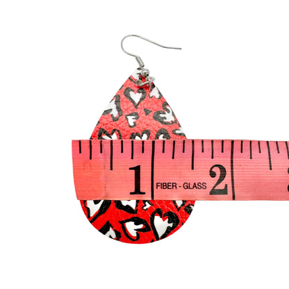 Red Heart Print Faux Leather Teardrop Earrings 3" Lightweight Valentines Day NEW