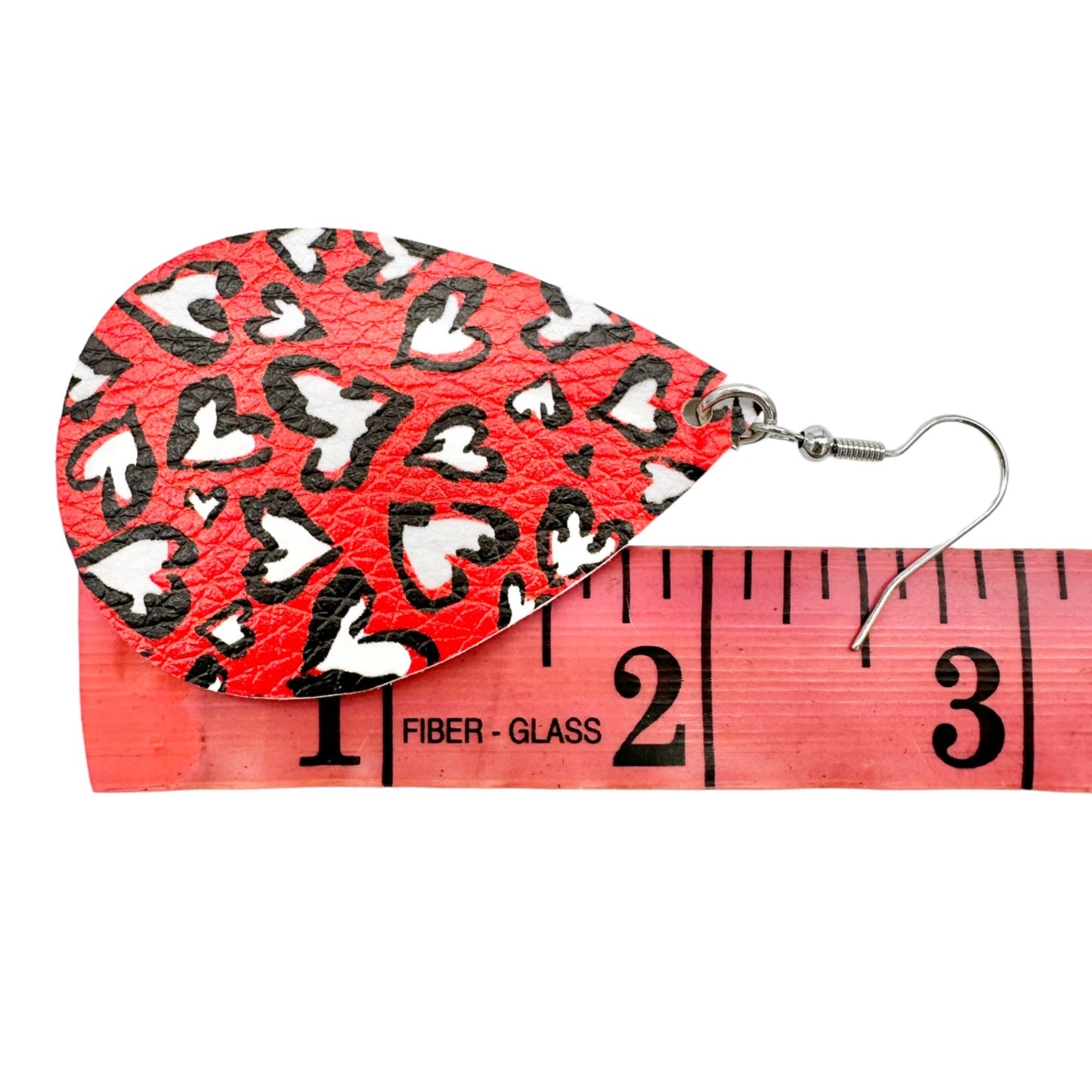 Red Heart Print Faux Leather Teardrop Earrings 3" Lightweight Valentines Day NEW