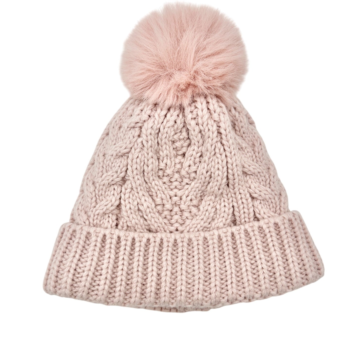 Cozy Pink Knit Beanie With Faux Fur Pom and Fleece Lining NWOT