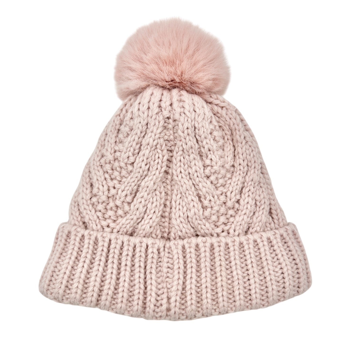 Cozy Pink Knit Beanie With Faux Fur Pom and Fleece Lining NWOT