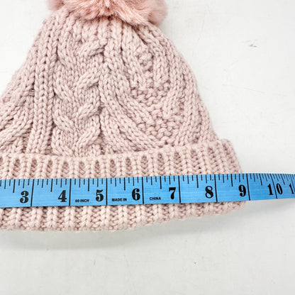 Cozy Pink Knit Beanie With Faux Fur Pom and Fleece Lining NWOT