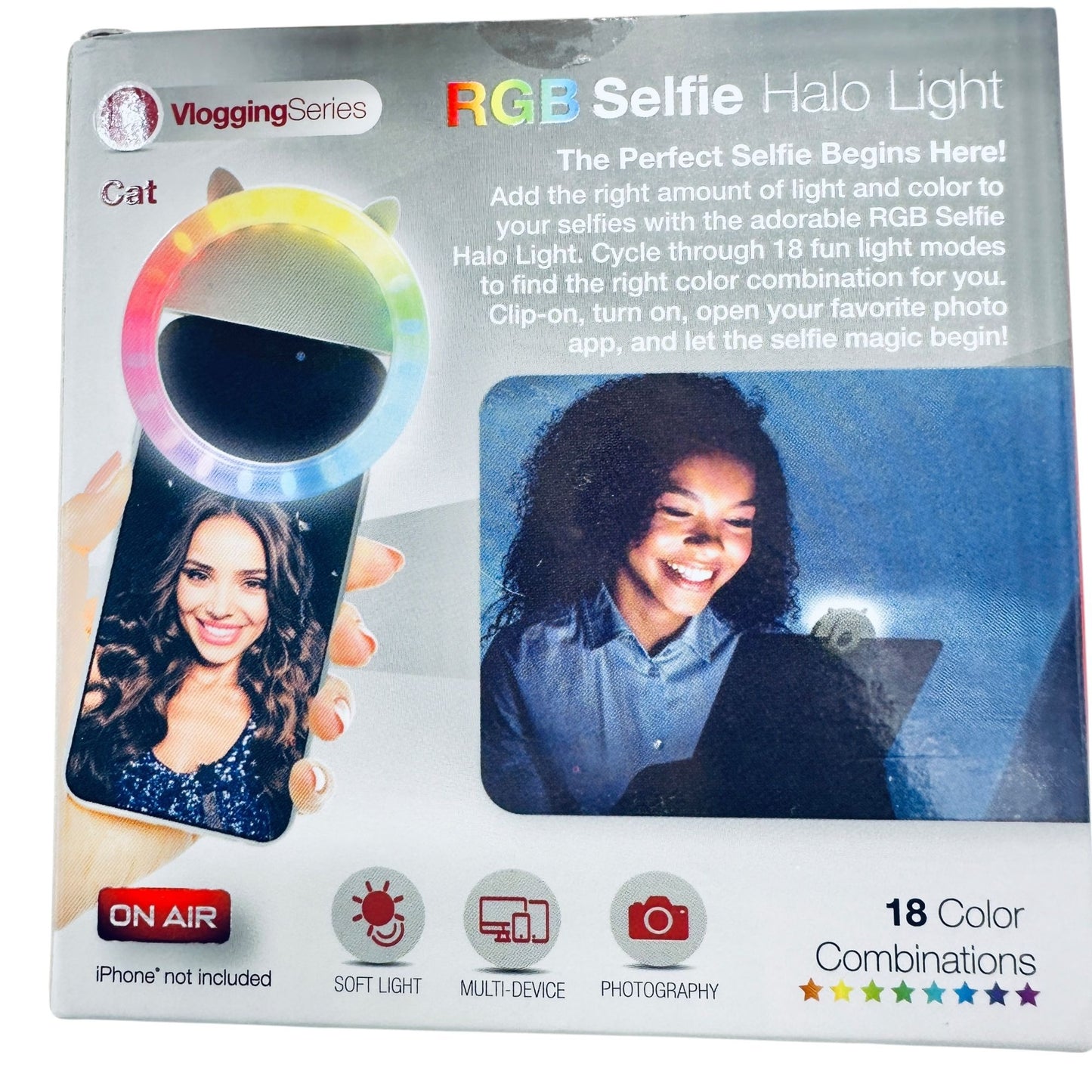 RGB Selfie Halo Light Clip-On Cat Ears Design Vlogging Series 18 Color Combos