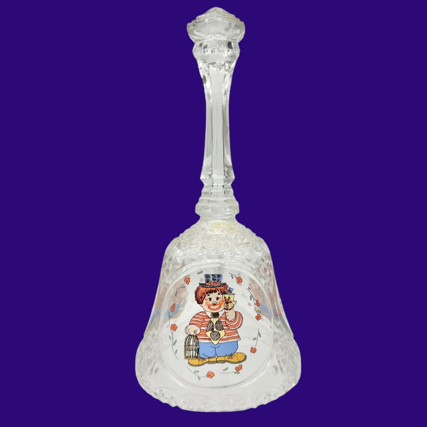 Vintage Crystal Glass Bell Painted Clown Design Floral Details Collectible 8"H