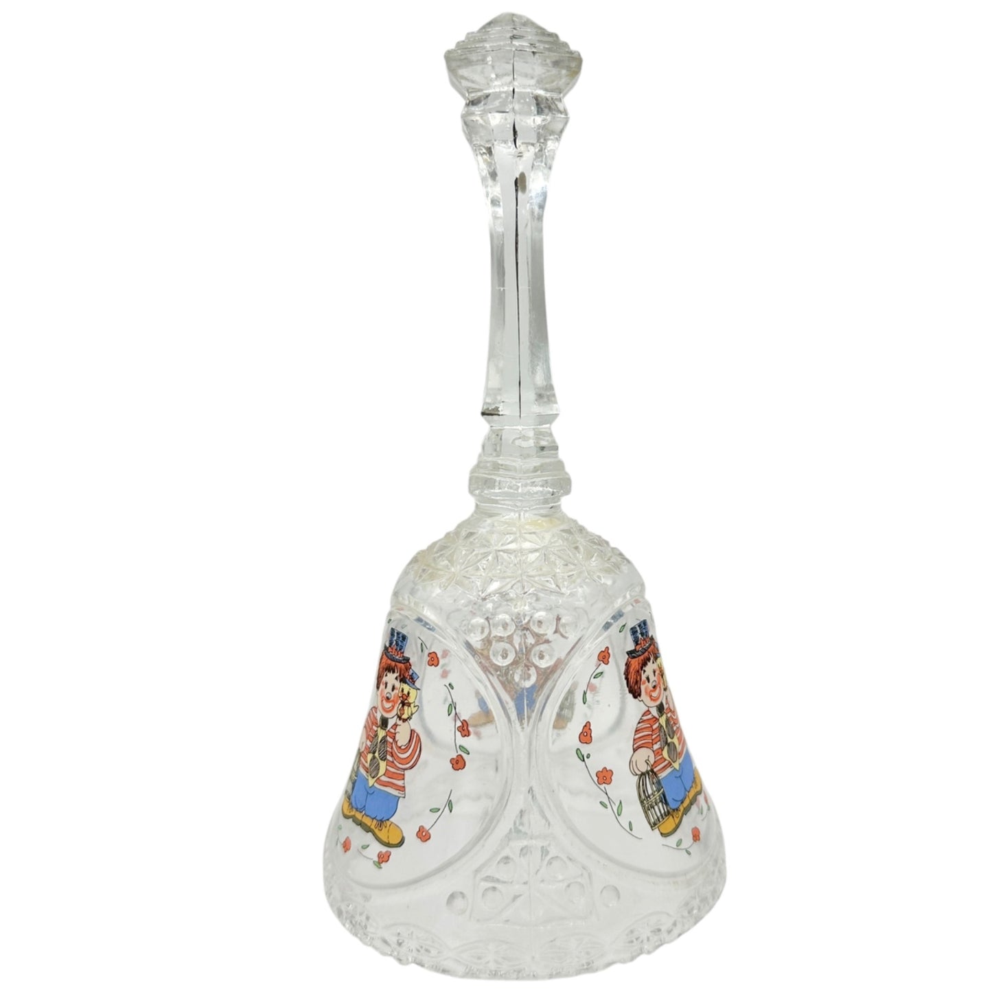 Vintage Crystal Glass Bell Painted Clown Design Floral Details Collectible 8"H