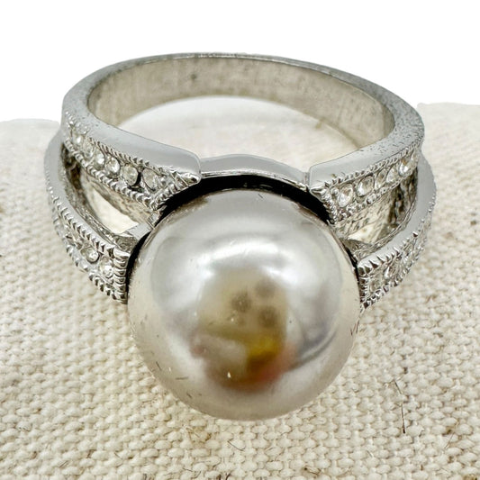 Premier Designs Silver Tone Ring Gray Faux Pearl and Rhinestone Accents Size 10