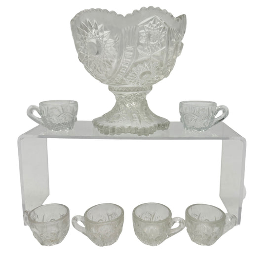 Oval Star Crystal No 300 Punch Bowl and 6 Cups Vintage Childrens Tableware Set