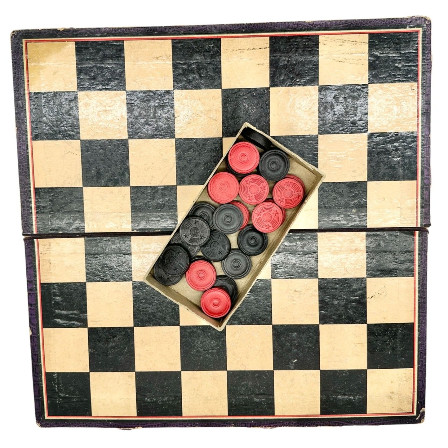 Vintage Wooden Checkers Game Set Red Black Pieces Folding Board