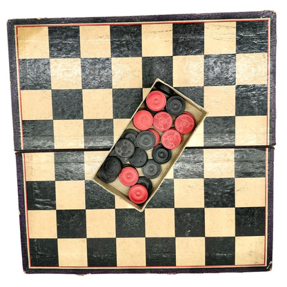 Vintage Wooden Checkers Game Set Red Black Pieces Folding Board
