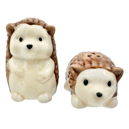Hedgehog Ceramic Salt & Pepper Shaker Set Brown Beige 2"H Cute Kitchen Decor