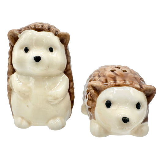 Hedgehog Ceramic Salt & Pepper Shaker Set Brown Beige 2"H Cute Kitchen Decor