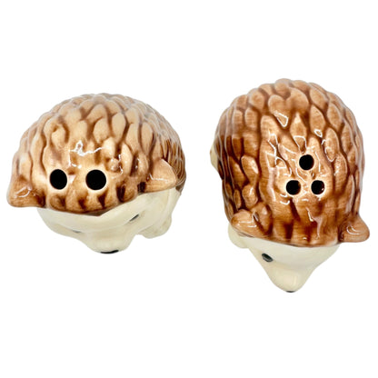 Hedgehog Ceramic Salt & Pepper Shaker Set Brown Beige 2"H Cute Kitchen Decor