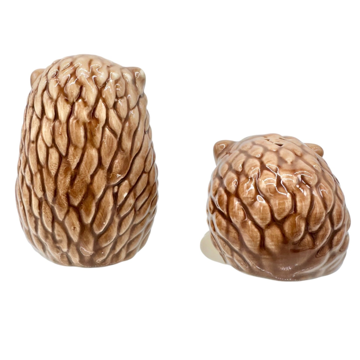 Hedgehog Ceramic Salt & Pepper Shaker Set Brown Beige 2"H Cute Kitchen Decor