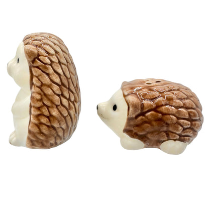 Hedgehog Ceramic Salt & Pepper Shaker Set Brown Beige 2"H Cute Kitchen Decor