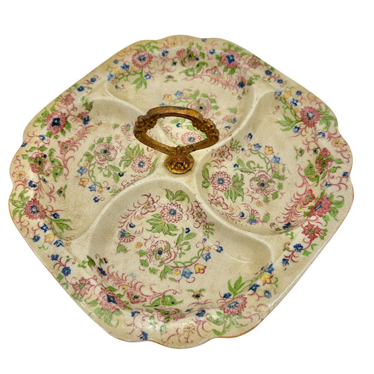 Vintage Japanese Handled Divided Serving Dish Floral Ceramic Plate 9 Inches