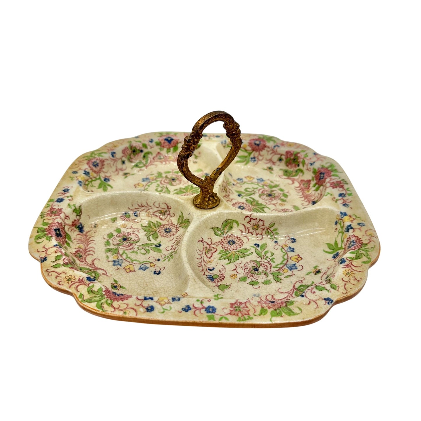 Vintage Japanese Handled Divided Serving Dish Floral Ceramic Plate 9 Inches