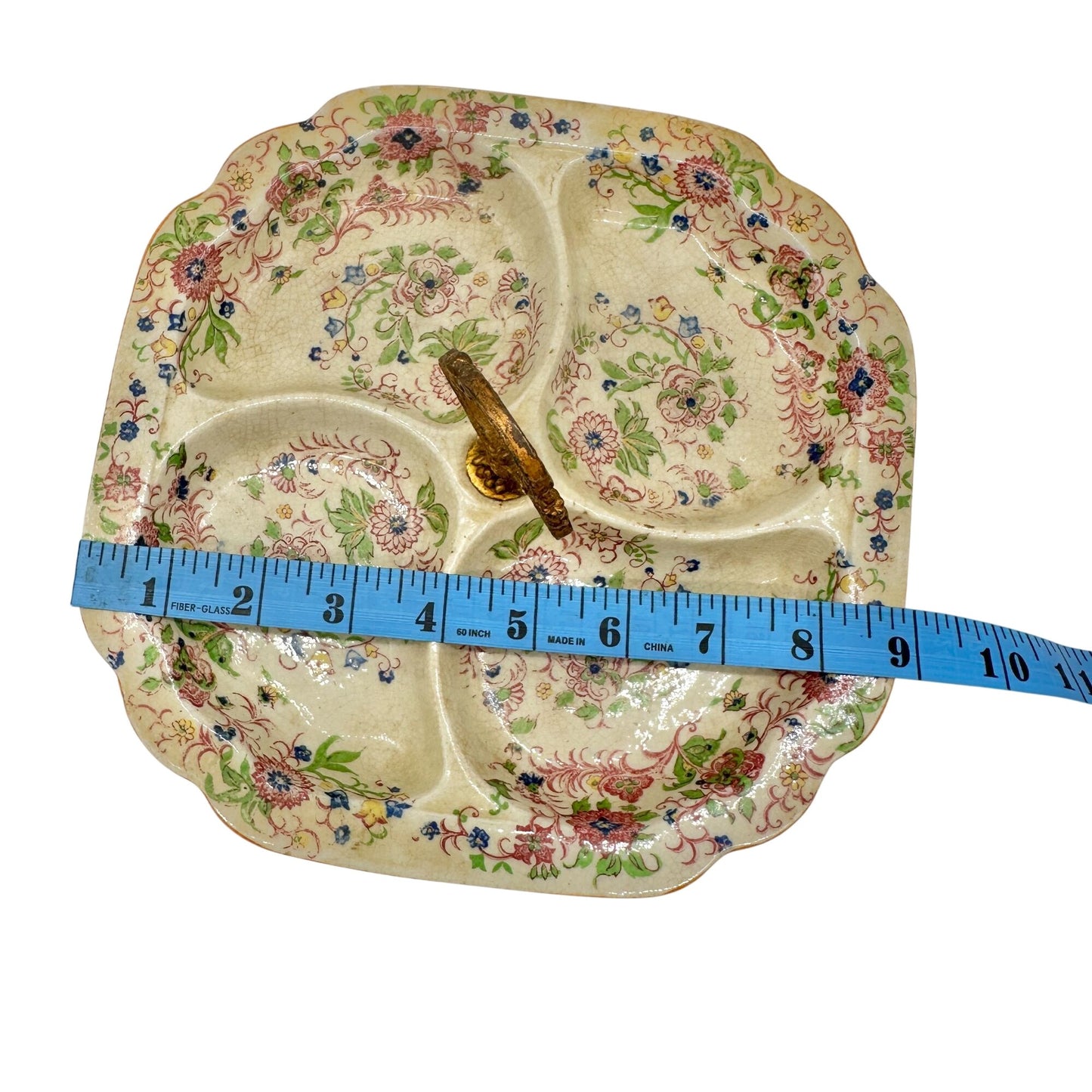 Vintage Japanese Handled Divided Serving Dish Floral Ceramic Plate 9 Inches