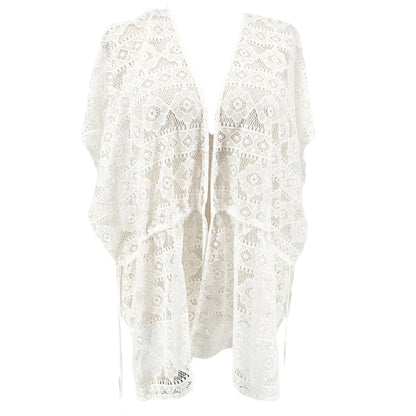CJ Banks Sheer Crochet Swimsuit Cover-Up One Size White Poly Drawstring Waist