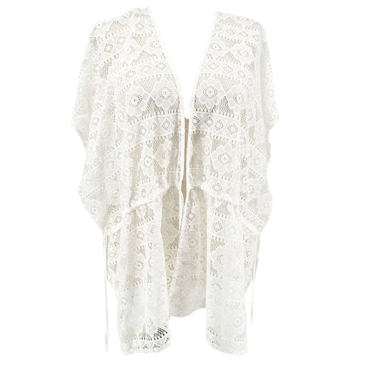 CJ Banks Sheer Crochet Swimsuit Cover-Up One Size White Poly Drawstring Waist