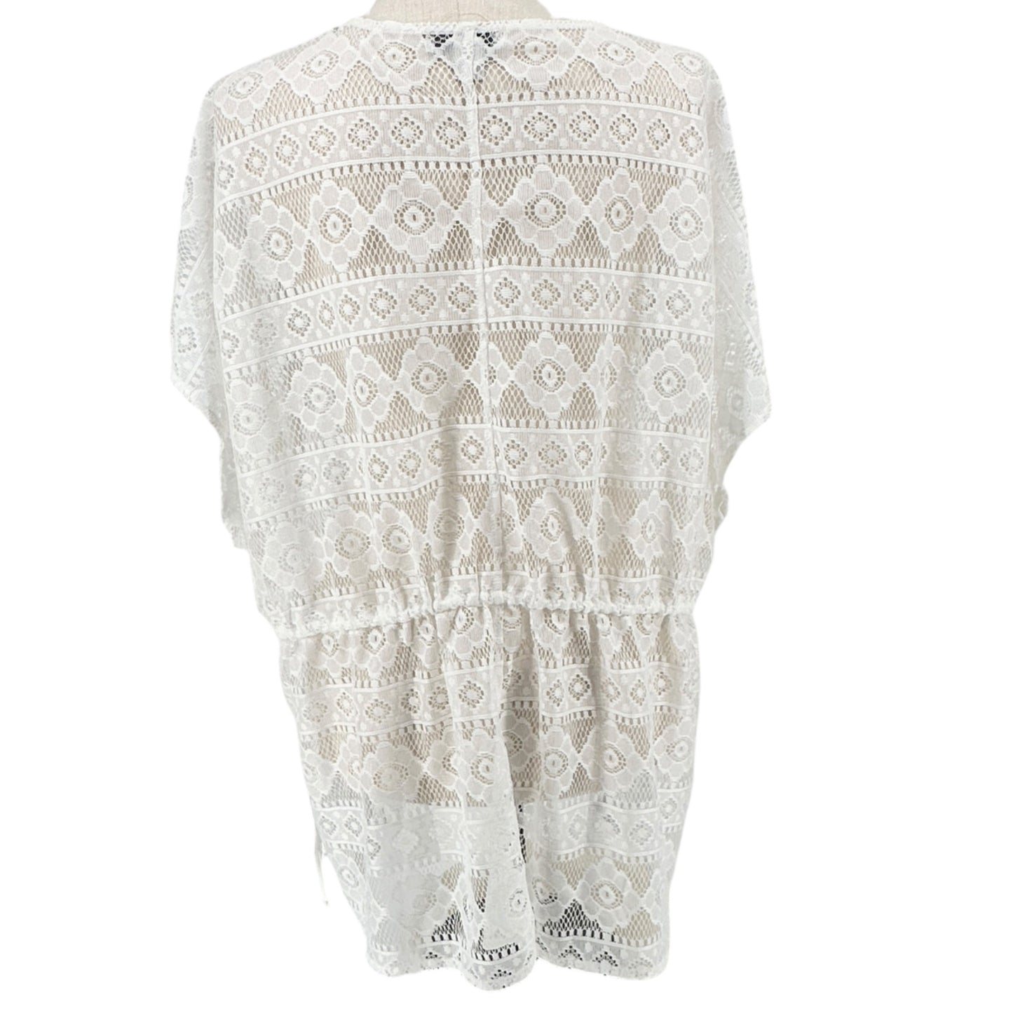 CJ Banks Sheer Crochet Swimsuit Cover-Up One Size White Poly Drawstring Waist
