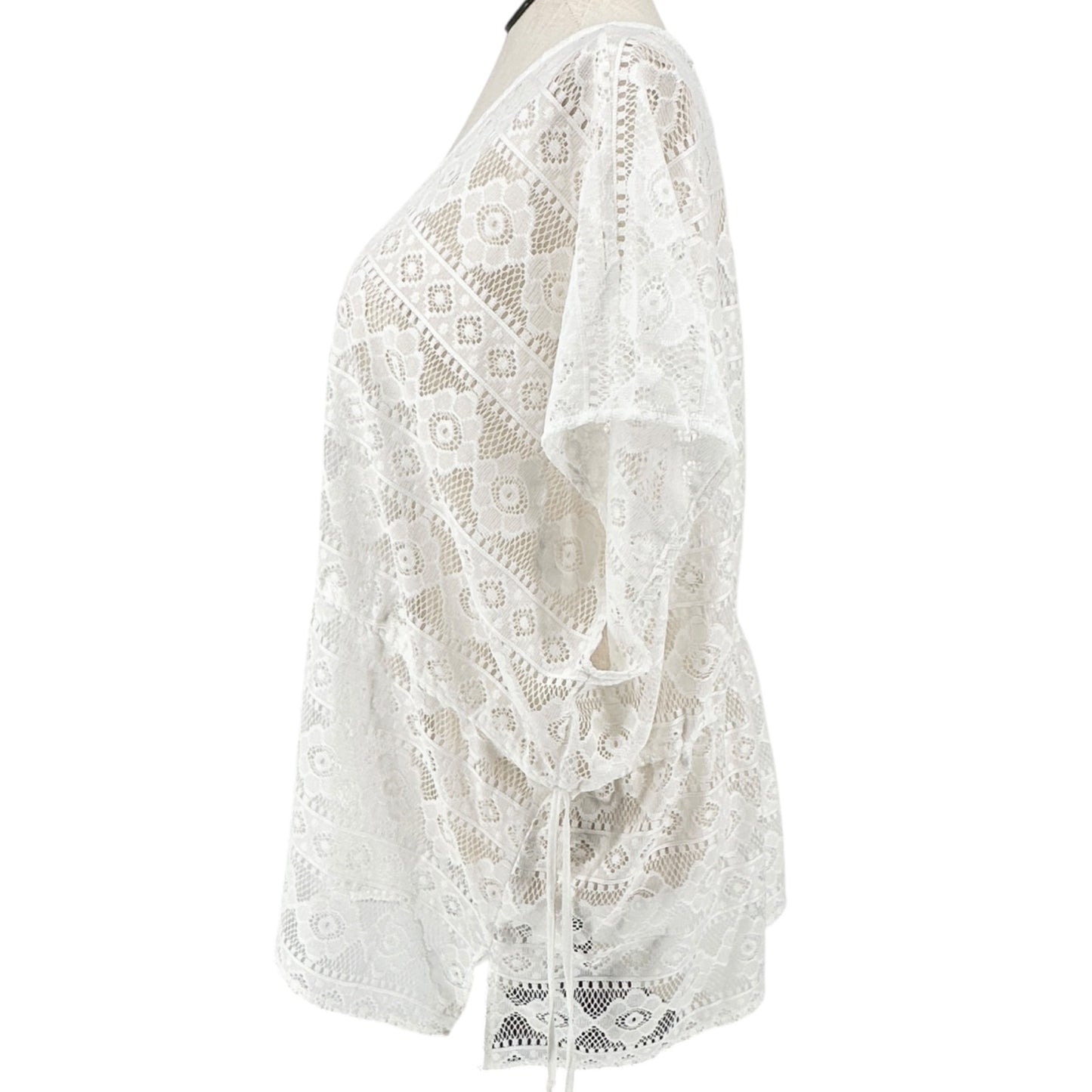 CJ Banks Sheer Crochet Swimsuit Cover-Up One Size White Poly Drawstring Waist