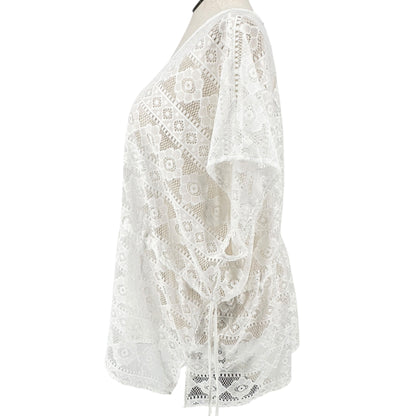 CJ Banks Sheer Crochet Swimsuit Cover-Up One Size White Poly Drawstring Waist