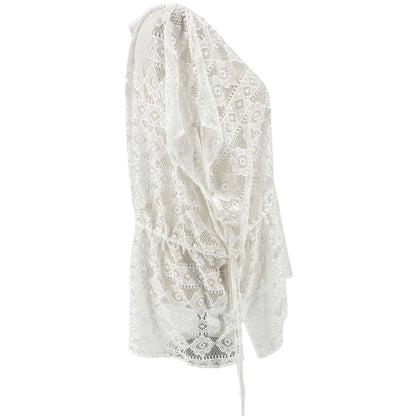 CJ Banks Sheer Crochet Swimsuit Cover-Up One Size White Poly Drawstring Waist